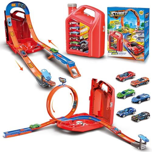 Charmofun Autorennbahn für Kinder, Rennstrecke Auto Spielzeug mit 6 Autos, Aufbewahrungsbox, Auto Rennbahn Mit Looping und U Track, Portable Spielzeug autorennbahn für Kinder ab 3+ Jahre (Rot) von Charmofun