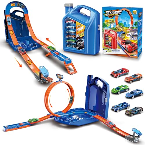Charmofun Autorennbahn für Kinder, Rennstrecke Auto Spielzeug mit 6 Autos, Aufbewahrungsbox, Auto Rennbahn Mit Looping und U Track, Portable Spielzeug autorennbahn für Kinder ab 3 Jahre (Blau) von Charmofun