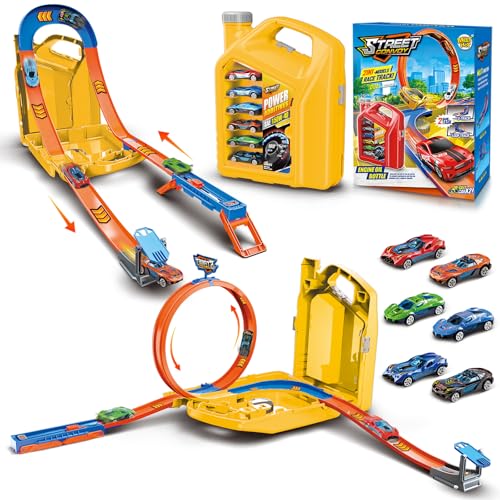 Charmofun Autorennbahn für Kinder, Rennstrecke Auto Spielzeug mit 6 Autos, Aufbewahrungsbox, Auto Rennbahn Mit Looping und U Track, Portable Spielzeug autorennbahn für Kinder ab 3 Jahre (Gelb) von Charmofun