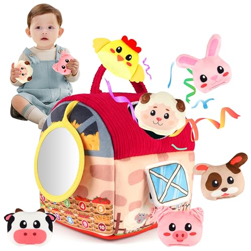 Charmofun Baby Spielzeug 6-12 Monate, Bauernhoftiere Baby Spielzeug mit 6 Tiere, Bauernhof Montessori Sensorisches Spielzeug mit Scheune und Spiegel, Lernspiele Motorikspielzeug für 1 2 Jahre von Charmofun