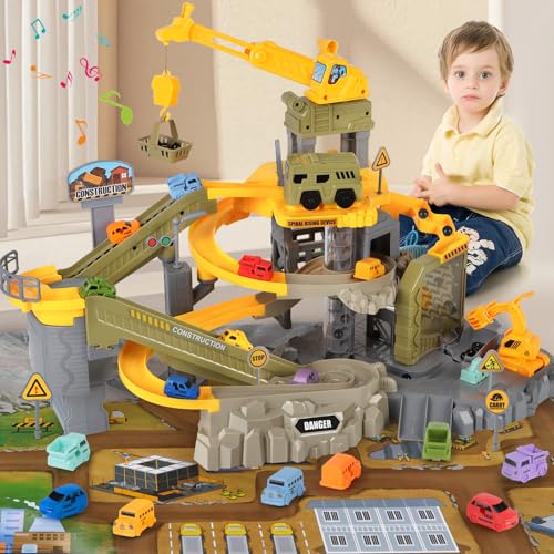 Charmofun Auto Rennbahn für Kinder, Parkgarage Spielzeug mit 10 Autos Bagger Kran Transport LKW, Baustellenfahrzeuge Parkhaus Auto Raceway Set Konstruktion Truck Geschenk für Jungen von Charmofun