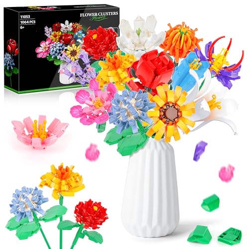Charmofun Blumen Bausteine Set, 1064PCS Klemmbausteine Blumenstrauß mit LED-Licht, Wildblumenstrauß mit 12 Arten von Blumen, Geschenk Spielzeug für Home Deko Valentinstag Weihnachten (Keine Vase) von Charmofun