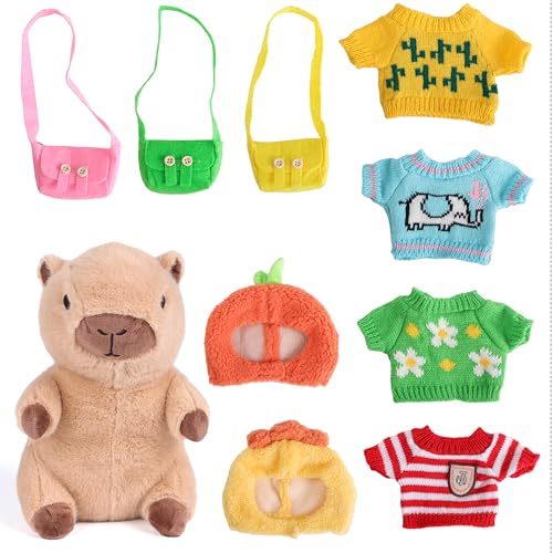 Charmofun Capybara Kuscheltier, Niedliche Capybara Plüschtier 25cm, Capybara Sachen mit Kopfbedeckung, Tasche, Kleidung, Plüsch Anziehspielzeug Geschenke für Kinder Mädchen Jungen (Braun) von Charmofun