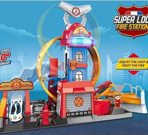 Charmofun City Loopingbahn Feuerwache Spielset, Spielzeugauto Trackset mit 4 Feuerwehrautos, 3 Parkplätze, Hebbarer Strecke und Licht-Sound-Effekte, Schleuder Schienen Geeignet für Kinder ab 4 Jahren Charmofun City Loopingbahn Feuerwache Spielset, Spielzeugauto Trackset mit 4 Feuerwehrautos, 3 Parkplätze, Hebbarer Strecke und Licht-Sound-Effekte, Schleuder Schienen Geeignet für Kinder ab 4 Jahren von Charmofun