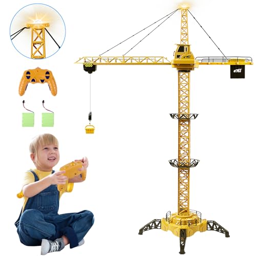 Charmofun Ferngesteuerte Turmkran, 128 cm hohe 2,4 Hz Turmdrehkran, 6 Kanäle Tower Crane Elektrisch, 680 Grad RC Baukran mit Hebehaken, Turmdrehkran Kanäle Lichtern, Geräusche für Kinder ab 3 Jahren von Charmofun