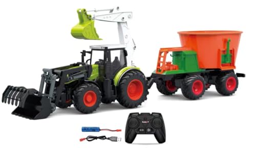 Charmofun Ferngesteuerter Traktor, RC Traktor Spielzeug mit Mixer und Licht, 2.4GHz Trecker mit Anhänger, Trecker Ferngesteuert Geschenke im Baustellen Thema für Kinder ab 3 4 5 6 Jahren von Charmofun