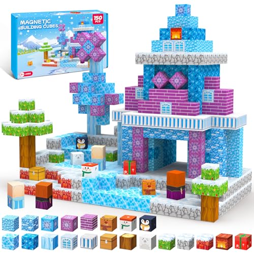 Charmofun Magnetische Bausteine Blöcke 150 Stück 2 cm, Magnetic Building Blocks mit EIS und Schneewelt, Magnetisches Spielzeug, Magnet Bausteine, Geschenk für Jungen und Mädchen von Charmofun