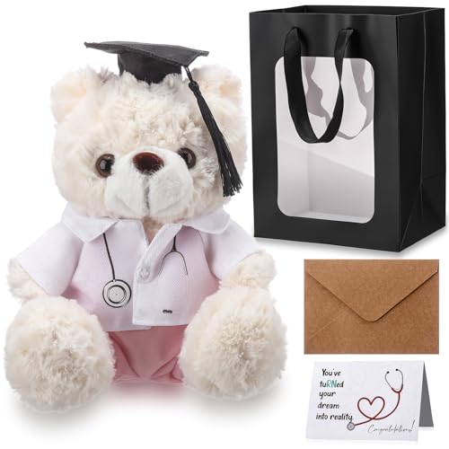 Charnoel Doctor Bear Stofftier Teddybär in Arztuniform und Abschlusskappe mit Karte und Umschlag, Geschenke für Schüler, Schulabschluss, Medizin, Schüler (Weiß und Rosa) von Charnoel