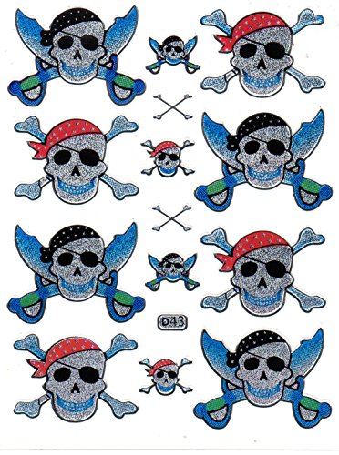 Piraten Säbel Knochen Schädel Piratenschiff karibik bunt Aufkleber 14-teilig 1 Blatt 135 mm x 100 mm Sticker Basteln Kinder Party Metallic-Look von Charo
