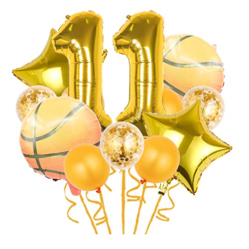 12 Stück Basketball-Luftballons, Basketball-Themen-Dekorationen, Gold-Konfetti-Ballon, Folien-Ballon, Stern-Ballon für Basketball, Sport, Thema, 11. Geburtstag, Partyzubehör, Gold, Nummer 11 von Chaungfu