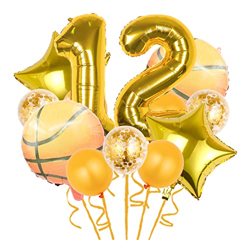 12 Stück Basketball-Luftballons, Basketball-Themen-Dekorationen, Gold-Konfetti-Ballon, Folien-Ballon, Stern-Ballon für Basketball, Sport, Thema, 12. Geburtstag, Partyzubehör, Gold, Zahl 12 von Chaungfu