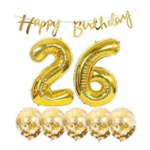 2 Luftballons Zahl 26 Gold+5 Konfetti Luftballons+gold banner Folienballon 26.Geburtstags deko Männer frauen 26 Jahr Geburtstags deko Zahlenballon 26 Luftballons 26 Geburtstags Mann frau von Chaungfu