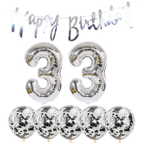 2 Luftballons Zahl 33 silber+5 Konfetti Luftballons+silber banner Folienballon 33.Geburtstags deko Männer frauen 33 Jahr Geburtstags deko Zahlenballon 33 Luftballons 33 Geburtstags Mann frau von Chaungfu
