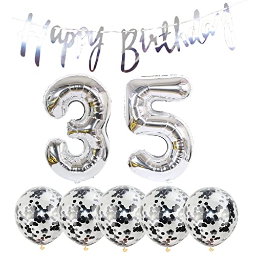 2 Luftballons Zahl 35 silber+5 Konfetti Luftballons+silber banner Folienballon 35.Geburtstags deko Männer frauen 35 Jahr Geburtstags deko Zahlenballon 35 Luftballons 35 Geburtstags Mann frau von Chaungfu