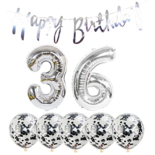 2 Luftballons Zahl 36 silber+5 Konfetti Luftballons+silber banner Folienballon 36.Geburtstags deko Männer frauen 36 Jahr Geburtstags deko Zahlenballon 35 Luftballons 36 Geburtstags Mann frau von Chaungfu
