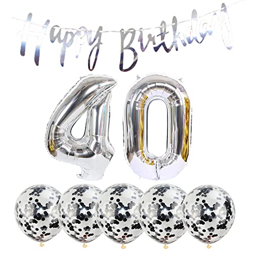 2 Luftballons Zahl 40 silber+5 Konfetti Luftballons+silber banner Folienballon 40.Geburtstags deko Männer frauen 40 Jahr Geburtstags deko Zahlenballon 40 Luftballons 40 Geburtstags Mann frau von Chaungfu