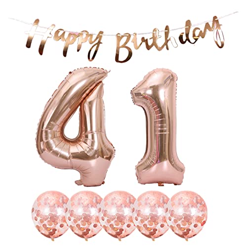 2 Luftballons Zahl 41 Rosegold +5 Konfetti Luftballons+Rosegold banner Folienballon 41.Geburtstags deko Männer frauen 41 Jahr Geburtstags deko Zahlenballon 41 Luftballons 41 Geburtstags Mann frau von Chaungfu