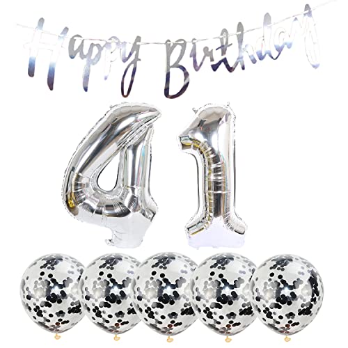 2 Luftballons Zahl 41 silber+5 Konfetti Luftballons+silber banner Folienballon 41.Geburtstags deko Männer frauen 41 Jahr Geburtstags deko Zahlenballon 41 Luftballons 41 Geburtstags Mann frau von Chaungfu