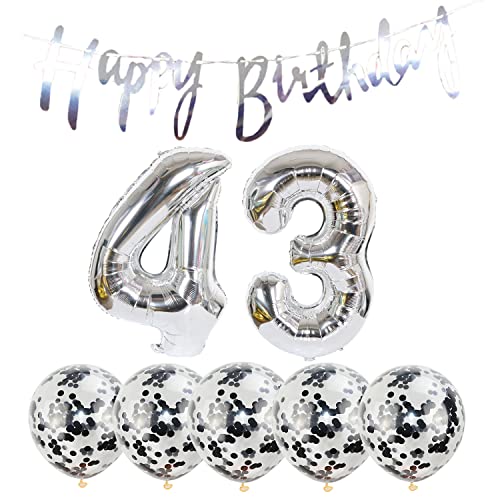 2 Luftballons Zahl 43 silber+5 Konfetti Luftballons+silber banner Folienballon 43.Geburtstags deko Männer frauen 43 Jahr Geburtstags deko Zahlenballon 43 Luftballons 43 Geburtstags Mann frau von Chaungfu