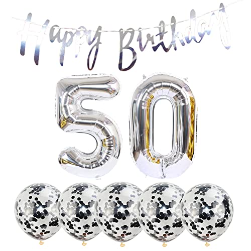 2 Luftballons Zahl 50 silber+5 Konfetti Luftballons+silber banner Folienballon 50.Geburtstags deko Männer frauen 50 Jahr Geburtstags deko Zahlenballon 50 Luftballons 50 Geburtstags Mann frau von Chaungfu