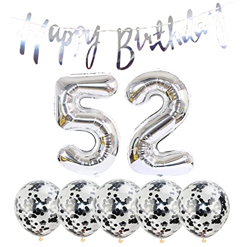 2 Luftballons Zahl 52 silber+5 Konfetti Luftballons+silber banner Folienballon 52.Geburtstags deko Männer frauen 52 Jahr Geburtstags deko Zahlenballon 52 Luftballons 52 Geburtstags Mann frau von Chaungfu