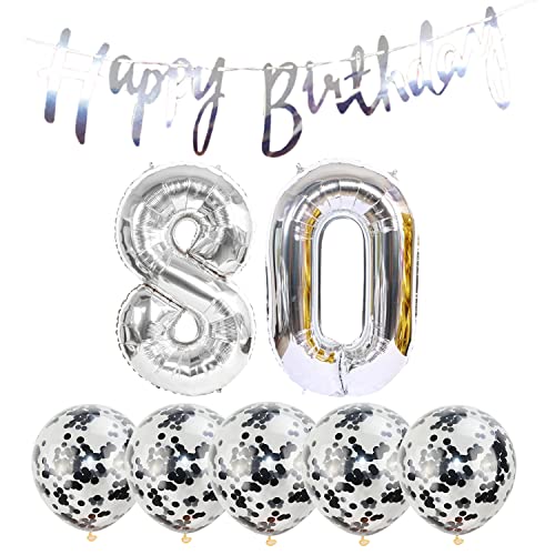 2 Luftballons Zahl 80 silber+5 Konfetti Luftballons+silber banner Folienballon 80.Geburtstags deko Männer frauen 80 Jahr Geburtstags deko Zahlenballon Luftballons 80 Geburtstags Mann frau von Chaungfu