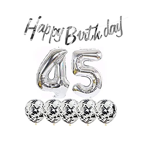 Chaungfu 2 Luftballons Zahl 45 silber+5 Konfetti Luftballons+silber banner Folienballon 45.Geburtstags deko Männer frauen 45 Jahr Geburtstags deko Zahlenballon 45 Luftballons 45 Geburtstags Mann frau von Chaungfu