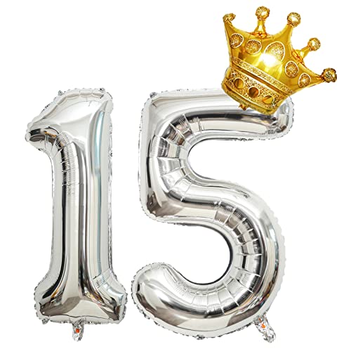 Krone 81,3 cm großer Folienballon "Happy Birthday", Geburtstagsfeier-Dekoration, Zubehör zum 15. Geburtstag, Partydekorationen, silberfarbener Zahlenballon 15 mit Mini-Krone Krone 81,3 cm großer Folienballon "Happy Birthday", Geburtstagsfeier-Dekoration, Zubehör zum 15. Geburtstag, Partydekorationen, silberfarbener Zahlenballon 15 mit Mini-Krone von Chaungfu