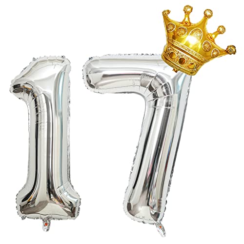 Krone 81,3 cm großer Folienballon "Happy Birthday", Geburtstagsfeier-Dekorationen, Zubehör zum 17. Geburtstag, Partydekorationen, silberfarbener Zahlenballon 17 mit Mini-Krone von Chaungfu