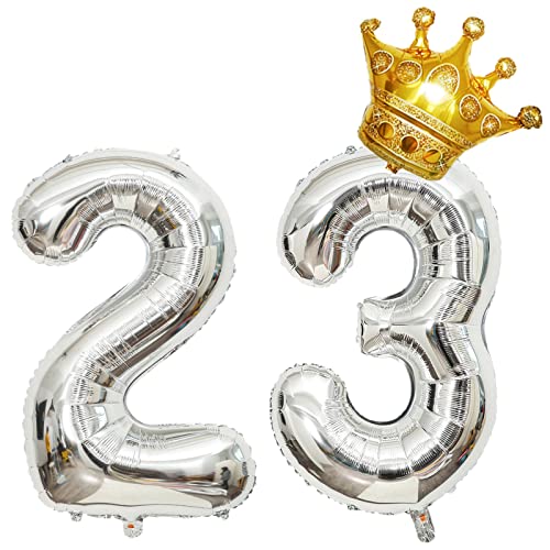 Krone 81,3 cm großer Folienballon "Happy Birthday", Geburtstagsfeier-Dekorationen, Zubehör zum 23. Geburtstag, Partydekorationen, silberfarbener Zahlenballon 23 mit Mini-Krone Krone 81,3 cm großer Folienballon "Happy Birthday", Geburtstagsfeier-Dekorationen, Zubehör zum 23. Geburtstag, Partydekorationen, silberfarbener Zahlenballon 23 mit Mini-Krone von Chaungfu