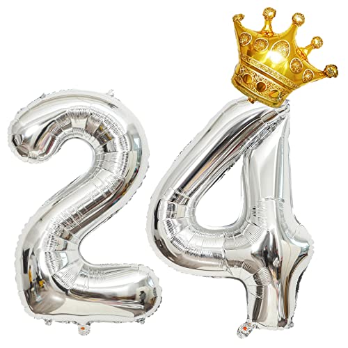 Krone 81,3 cm großer Folienballon "Happy Birthday", Geburtstagsfeier-Dekorationen, Zubehör zum 24. Geburtstag, Partydekorationen, silberner Zahlenballon 24 mit Mini-Krone Krone 81,3 cm großer Folienballon "Happy Birthday", Geburtstagsfeier-Dekorationen, Zubehör zum 24. Geburtstag, Partydekorationen, silberner Zahlenballon 24 mit Mini-Krone von Chaungfu