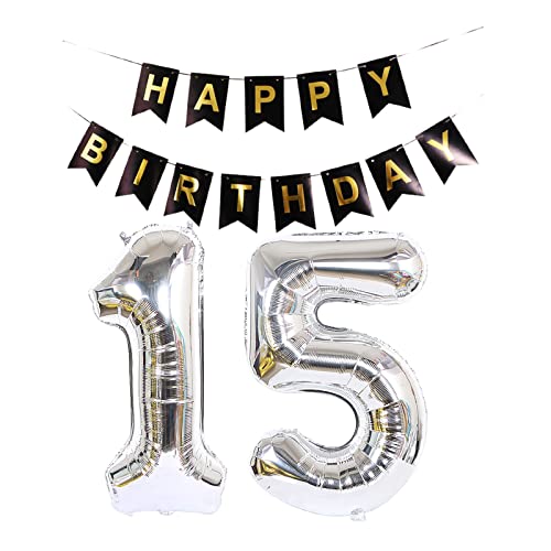 Luftballon 15. Geburtstag Silber, Geburtstagsdeko 15 Jahr, Ballon 15. Geburtstag, Riesen Folienballon Zahl 15, Happy Birthday Folienballon 15, Happy Birthday Banner für Mädchen und Jungen，XXL von Chaungfu
