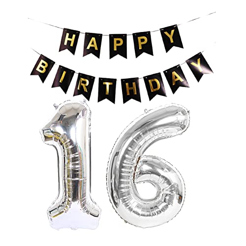 Luftballon 16. Geburtstag Silber, Geburtstagsdeko 16 Jahr, Ballon 16. Geburtstag, Riesen Folienballon Zahl 16, Happy Birthday Folienballon 16, Happy Birthday Banner für Mädchen und Jungen，XXL von Chaungfu