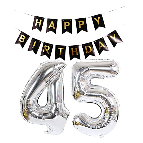 Luftballon 45. Geburtstag Silber, Geburtstagsdeko 45 Jahr, Ballon 45. Geburtstag, Riesen Folienballon Zahl 45, Happy Birthday Folienballon 45, Happy Birthday Banner für Mädchen und Jungen，XXL von Chaungfu