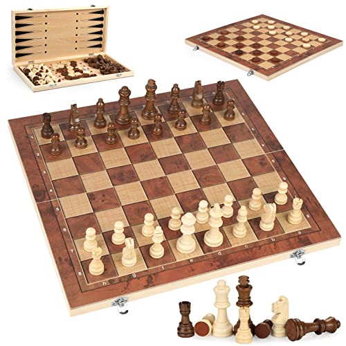 3-in-1-Brettspiel-Sets, Schachschach-Set aus Holz für Erwachsene und Kinder, 43,7 cm, leichtes Schachbrettspiel, Strategie-Backgammon-Sets für Erwachsene, Reise-Schachbrettspiel, Aufbewahrung von Chdousha