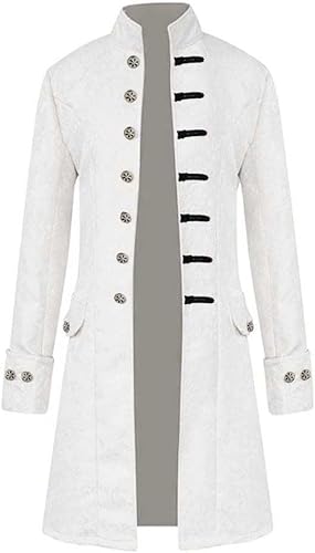 CheJooe Herren Mittelalter Steampunk Frack Kostüm Vintage Gothic Jacke Viktorianische Uniform Lange Smoking Karneval Cosplay Halloween Vampir Party Piraten Mantel, weiß, M von CheJooe