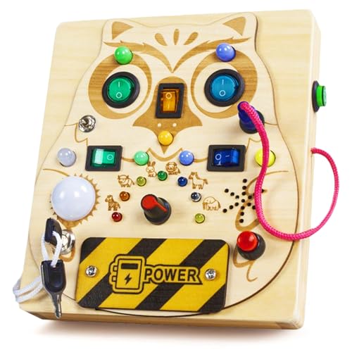 Chedin Beschäftigungstafel, Montessori Spielzeug Busy Board mit LED Lichtschalter, Sensorik Spielzeug Lernspielzeug für Babys und Kleinkinder ab 1 2 3 4 Jahre Holzspielzeug, Motorikspielzeug (Eule) von Chedin