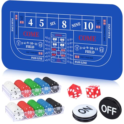 Cheelyvin.H Craps Tischspiel-Set, enthält 88,9 x 177,8 cm große Gummi-Craps-Tisch-Layout-Matte, 2 x 19 mm große Würfel in Kasino-Qualität, 7,6 cm An-/Aus-Knöpfe und 200 Pokerchips mit Etui, Blau von Cheelyvin.H