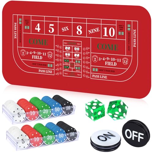Cheelyvin.H Craps Tischspiel-Set, enthält 88,9 x 177,8 cm große Gummi-Craps-Tisch-Layout-Matte, 2 x 19 mm große Würfel in Kasino-Qualität, 7,6 cm An-/Aus-Knöpfe und 200 Pokerchips mit Etui, Rot von Cheelyvin.H