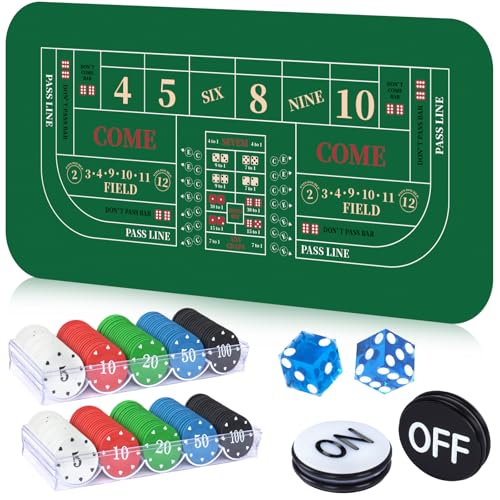 Cheelyvin.H Craps Tischspiel-Set, enthält 88,9 x 177,8 cm große Gummi-Craps-Tisch-Layout-Matte, 2 x 19 mm große Würfel in Kasino-Qualität, 7,6 cm An-/Aus-Knöpfe und 200 Pokerchips mit Etui (grün) von Cheelyvin.H