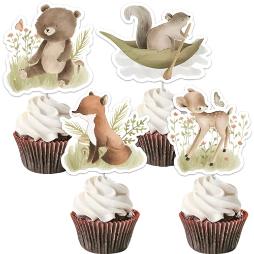 24pcs Woodland Tiere Cupcake Toppers, Forest Themed Cupcake Picks, Woodland Kreaturen Baby Dusche Geburtstag Geschlecht Reveal Party Dekorationen Zubehör von Cheereveal