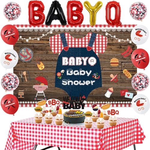BBQ Baby Shower Dekorationen, Baby Q Party Dekorationen mit Grill Thema Baby Shower Hintergrund, rot karierte Tischdecke, Baby Q Cupcake Toppers Folienballons für Picknick Party Dekor BBQ Baby Shower Dekorationen, Baby Q Party Dekorationen mit Grill Thema Baby Shower Hintergrund, rot karierte Tischdecke, Baby Q Cupcake Toppers Folienballons für Picknick Party Dekor von Cheereveal