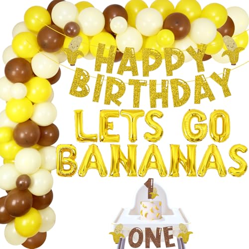 Cheereveal Banane 1. Geburtstag Dekorationen, Gelb Ballon Girlande Kit für 1. Banana Thema Geburtstag, Let's Go Bananas Banner, Banana Cake Topper Hochstuhl Banner für Obst Erste Geburtstag Party von Cheereveal