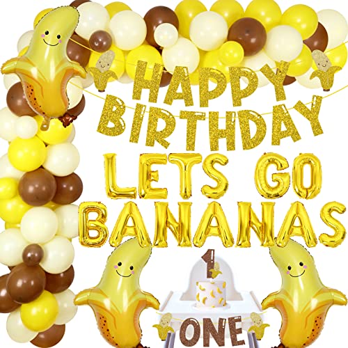 Cheereveal Banane 1. Geburtstag Dekorationen, Gelb Ballon Girlande Kit für 1. Banana Thema Geburtstag, Let's Go Bananas Banner, Banana Cake Topper Hochstuhl Banner für Obst Erste Geburtstag Party von Cheereveal