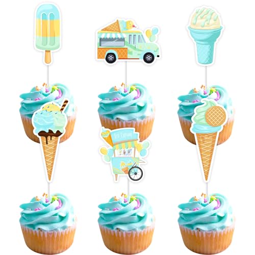 Cheereveal 24 Stück Eiscreme-Cupcake-Topper, 6 Formen, blaues Eis, Cupcake-Picks, Hawaii/Süßes Sommer-Thema, Babyparty, Geburtstagsparty, Kuchendekorationen von Cheereveal