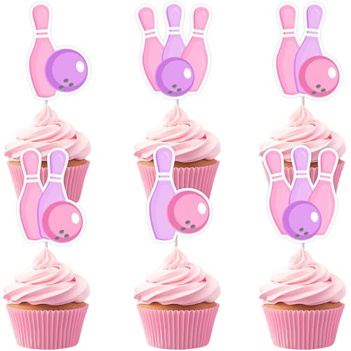 Cheereveal 24Pcs Bowling Cupcake Topper für Mädchen, Bowling Ball Kuchen Dekorationen Rosa und Lila, Sport Ball Thema Geburtstag Baby Shower Party Zubehör von Cheereveal