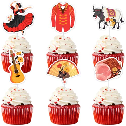 Cheereveal 24Pcs Spanien Thema Cupcake Topper, Spanische Geburtstagsfeier Dekorationen, Española Flamenco Decoracion, Rot Gelb Spanien Thema Party Zubehör Cheereveal 24Pcs Spanien Thema Cupcake Topper, Spanische Geburtstagsfeier Dekorationen, Española Flamenco Decoracion, Rot Gelb Spanien Thema Party Zubehör von Cheereveal