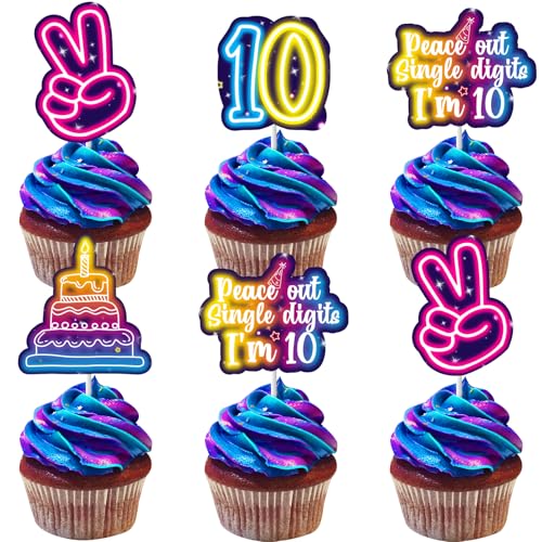 Cheereveal 24pcs Neon 10. Geburtstag Cupcake Topper, Frieden Out Einstellig Ich bin 10 Cake Picks, Prost auf 10. Zehnte Bday Party Dekoration Zubehör von Cheereveal