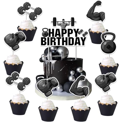 Cheereveal 25Pcs Gym Alles Gute Zum Geburtstag Kuchen Dekorationen Schwarz, Gewichtheben Hantel Cupcake Topper, Fitness Thema Sport Fan Geburtstag Party Zubehör Cheereveal 25Pcs Gym Alles Gute Zum Geburtstag Kuchen Dekorationen Schwarz, Gewichtheben Hantel Cupcake Topper, Fitness Thema Sport Fan Geburtstag Party Zubehör von Cheereveal