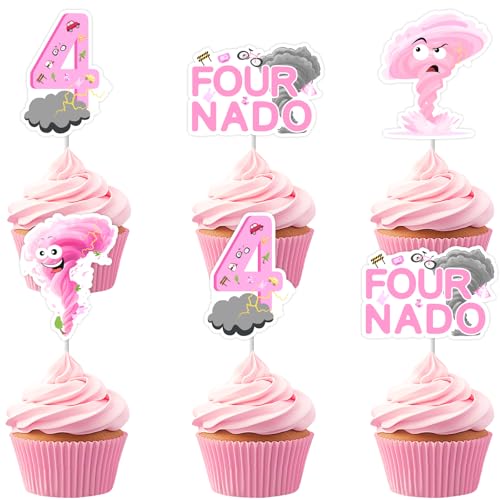 Cheereveal 36Pcs Fournado Geburtstag Kuchen Dekorationen, Tornado Cupcake Topper, Rosa Wetter Sturm Thema 4th Bday Baby Shower Cupcake Picks Party Zubehör von Cheereveal